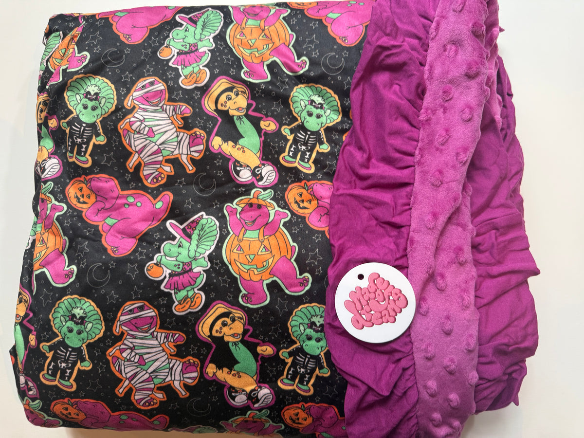 DINO BOO BASH - 57.5X80 - RUFFLE TRIM BLANKET WITH MINKY LAYER - KNIT
