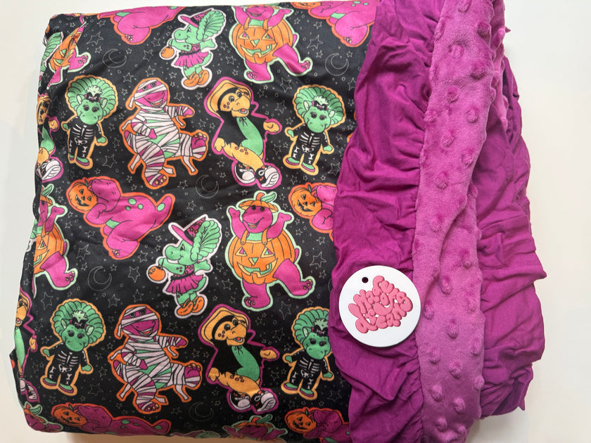 DINO BOO BASH - 57.5X80 - RUFFLE TRIM BLANKET WITH MINKY LAYER - KNIT