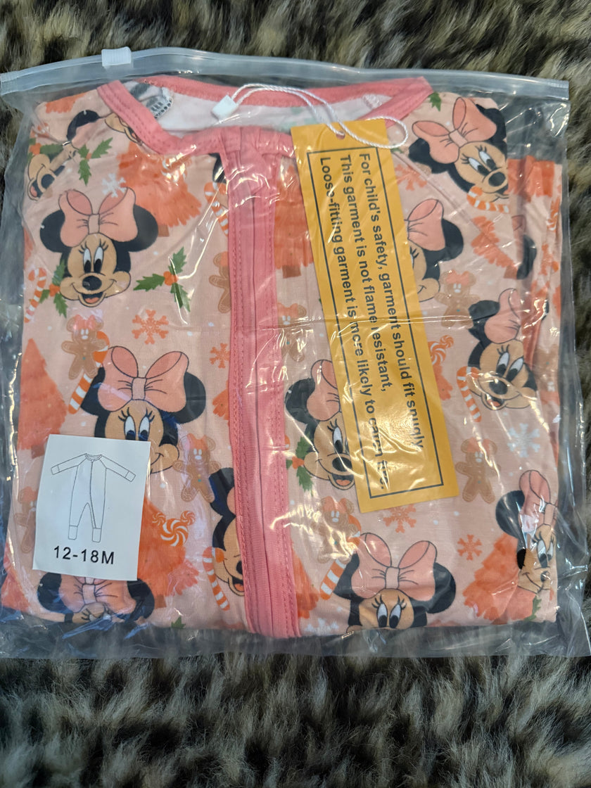 Pink Girly Mouse Christmas - Dreamland Long Sleeve Sleeper - Bamboo - Ready to Ship Christmas