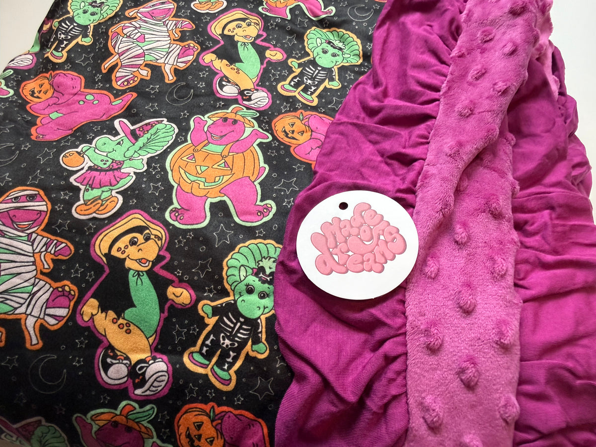 DINO BOO BASH - 57.5X80 - RUFFLE TRIM BLANKET WITH MINKY LAYER - KNIT