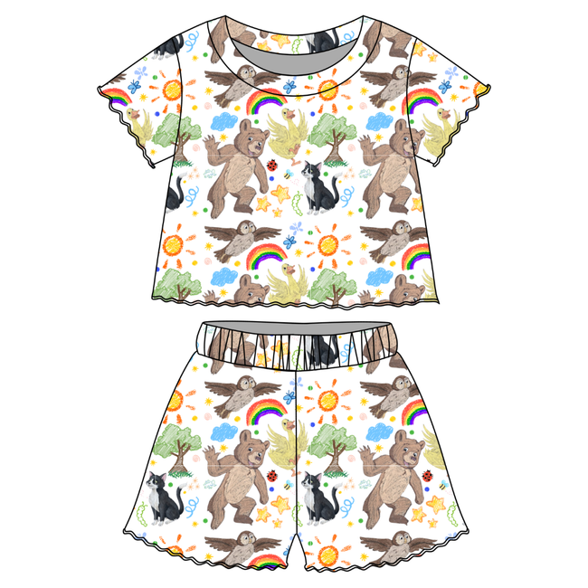 Storybook Scribbles Orchid Ruffle Short Sleeve Short Set Bamboo - PRE ORDER