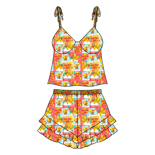 Retro Robot Adventures Peachy Women's Ruffle Short Set Bamboo - Pre Order