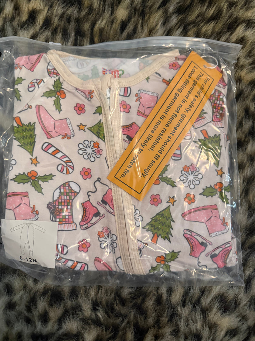 Pink Ice Skating - Dreamland Long Sleeve Sleeper - Bamboo - Ready to Ship Christmas