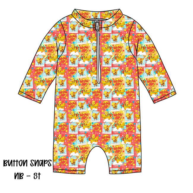 Retro Robot Adventures Zippered Long Sleeve Swimsuit - Pre Order