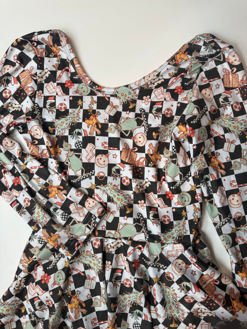 GREEN GUY CHECKERED - LONG SLEEVE SKIRTED LEO - KNIT