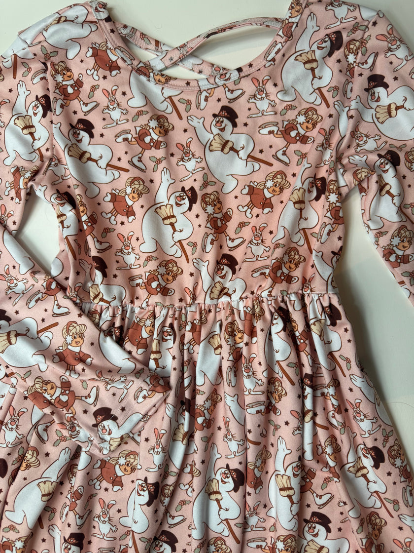 JOLLY SNOWMAN - PINK - VIOLET LONG SLEEVE TWIRL DRESS - KNIT