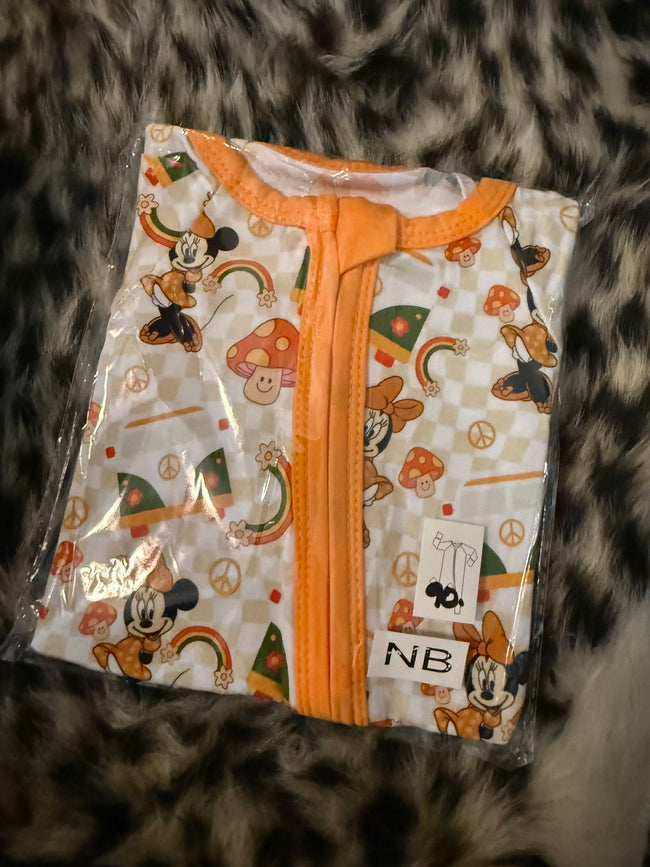 90. ORANGE RETRO MOUSE DREAMLAND LONG SLEEVE SLEEPER - Bamboo - NEWBORN